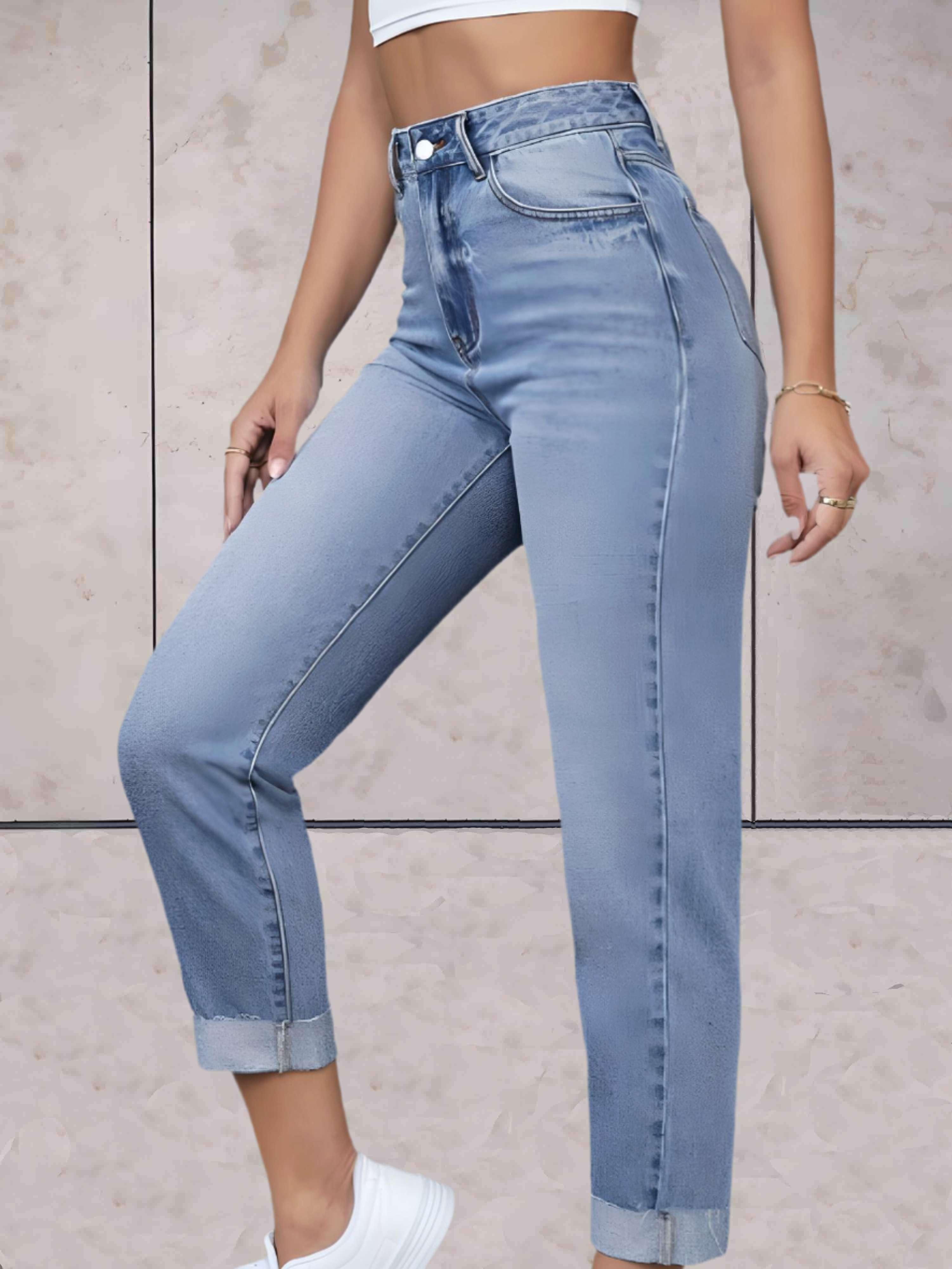 Tirzah - stijlvolle strakke jeans met hoge taille, voor- en achterzakken en een omgeslagen onderkant - Sky-Sense