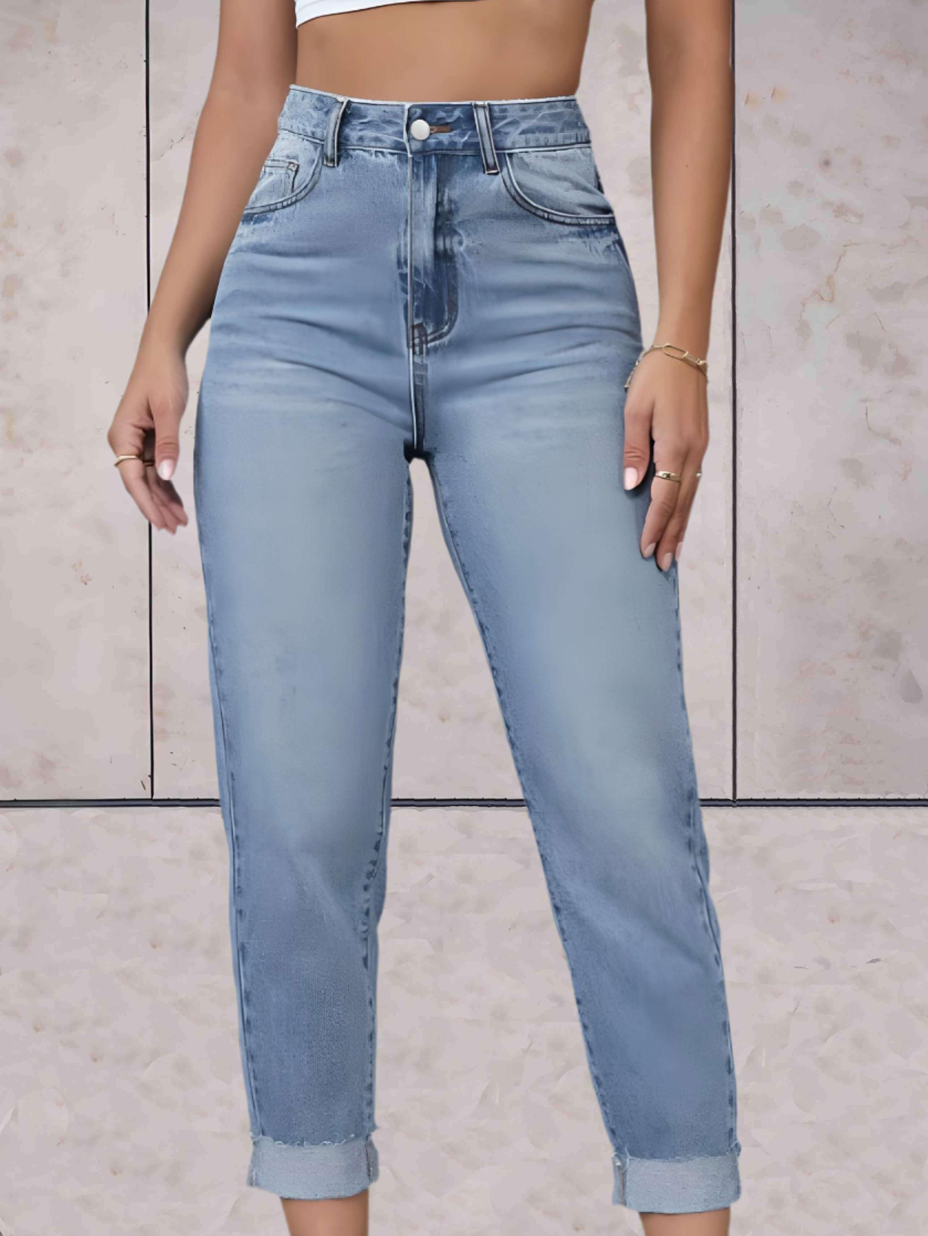 Tirzah - stijlvolle strakke jeans met hoge taille, voor- en achterzakken en een omgeslagen onderkant - Sky-Sense