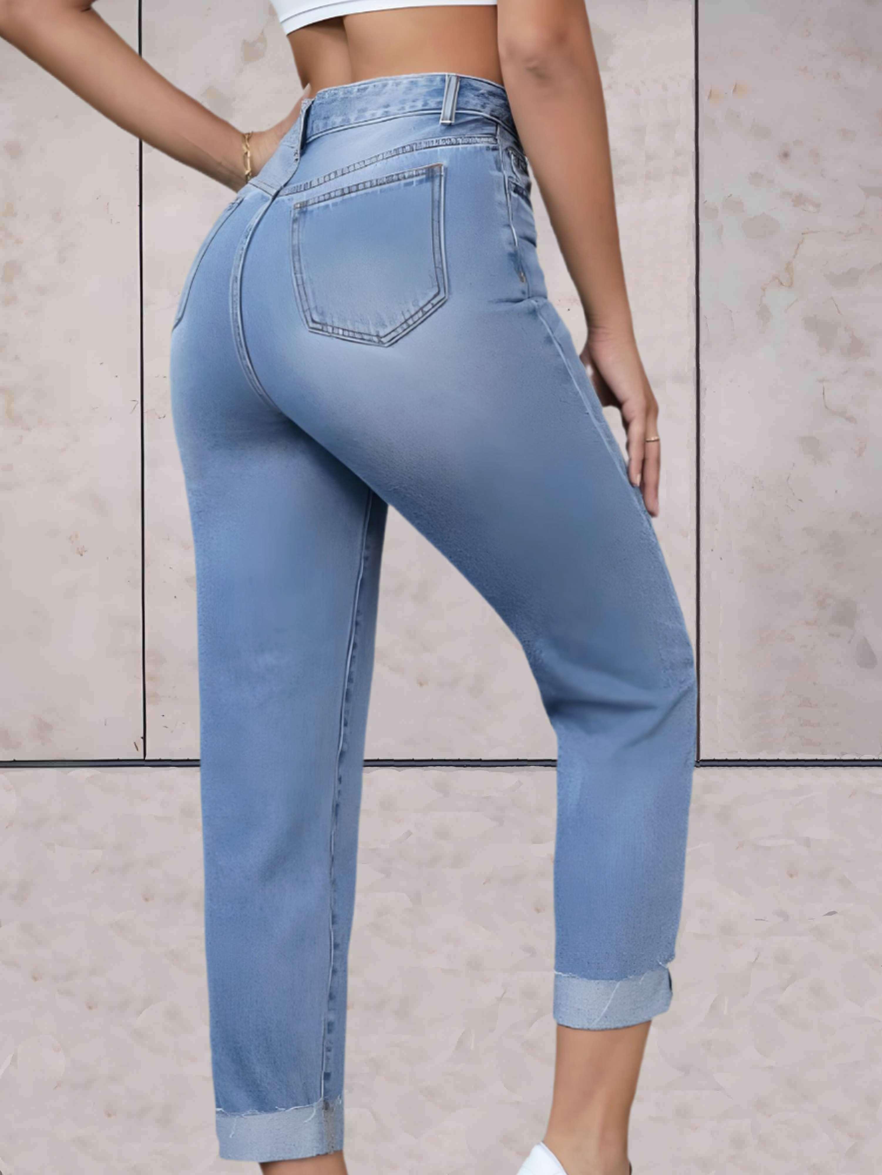 Tirzah - stijlvolle strakke jeans met hoge taille, voor- en achterzakken en een omgeslagen onderkant - Sky-Sense