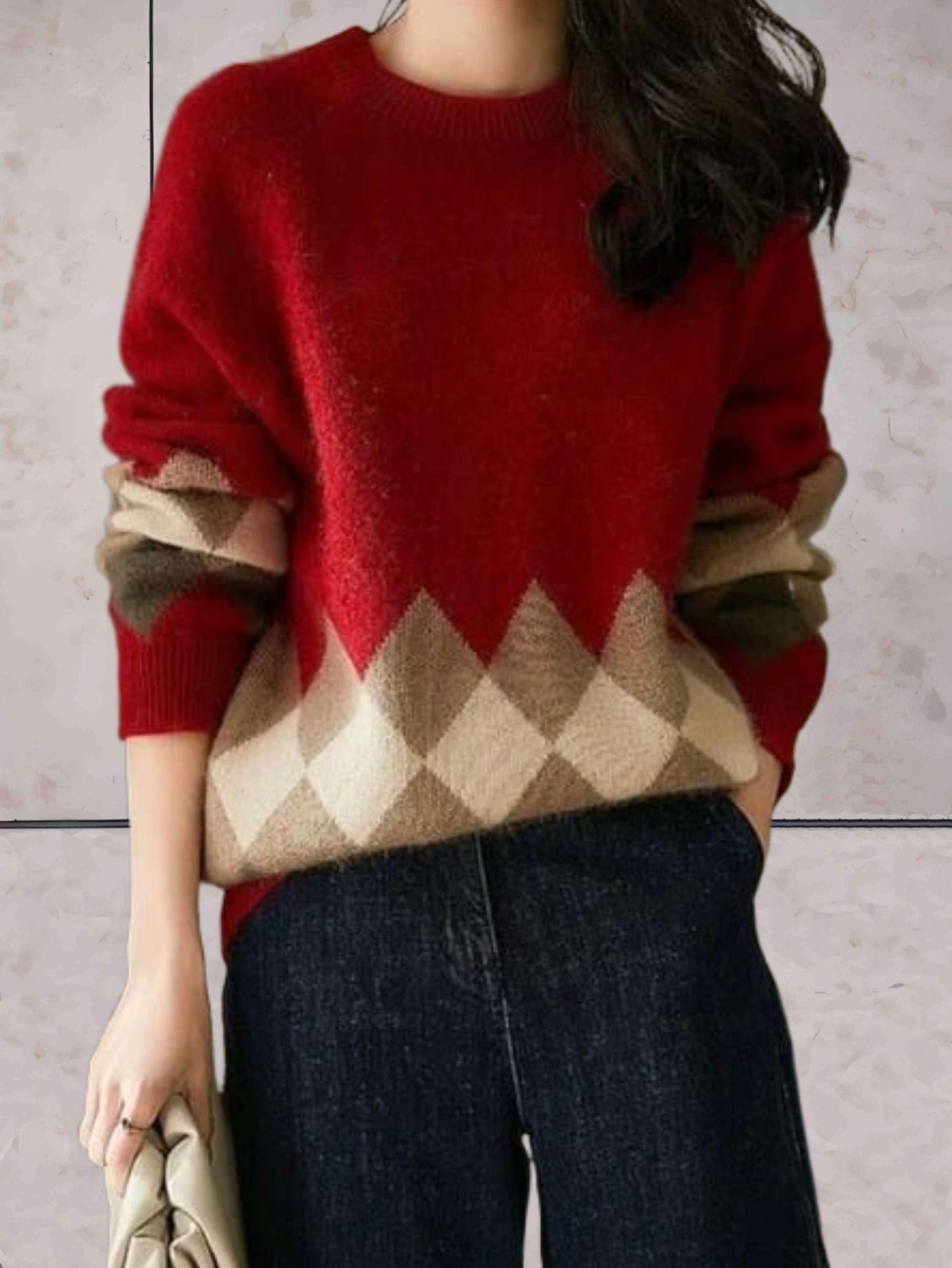 Wina - Oversized gebreide trui in contrasterende kleuren met een ronde halslijn - Sky-Sense