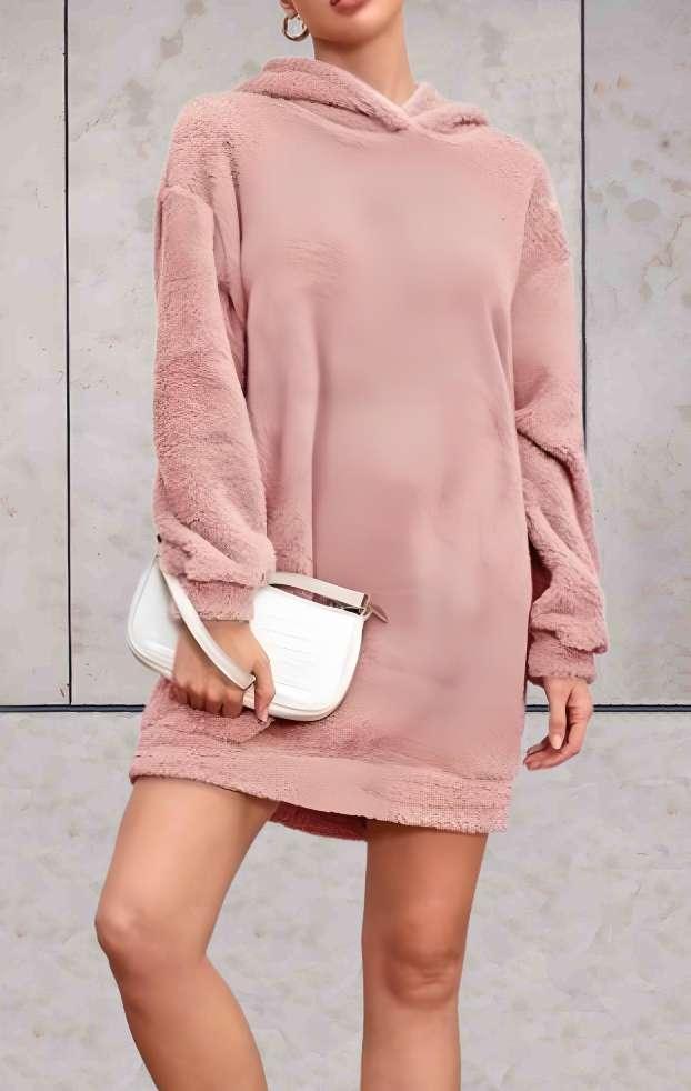 Aitana - lange comfortabele warme hoodie jurk-achtig in kleur nude roze - Sky-Sense