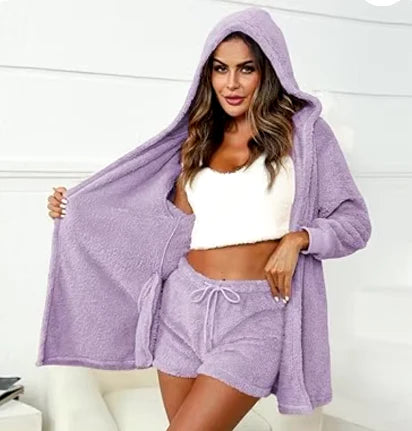 Fluffy pyjama set met capuchon voor dames