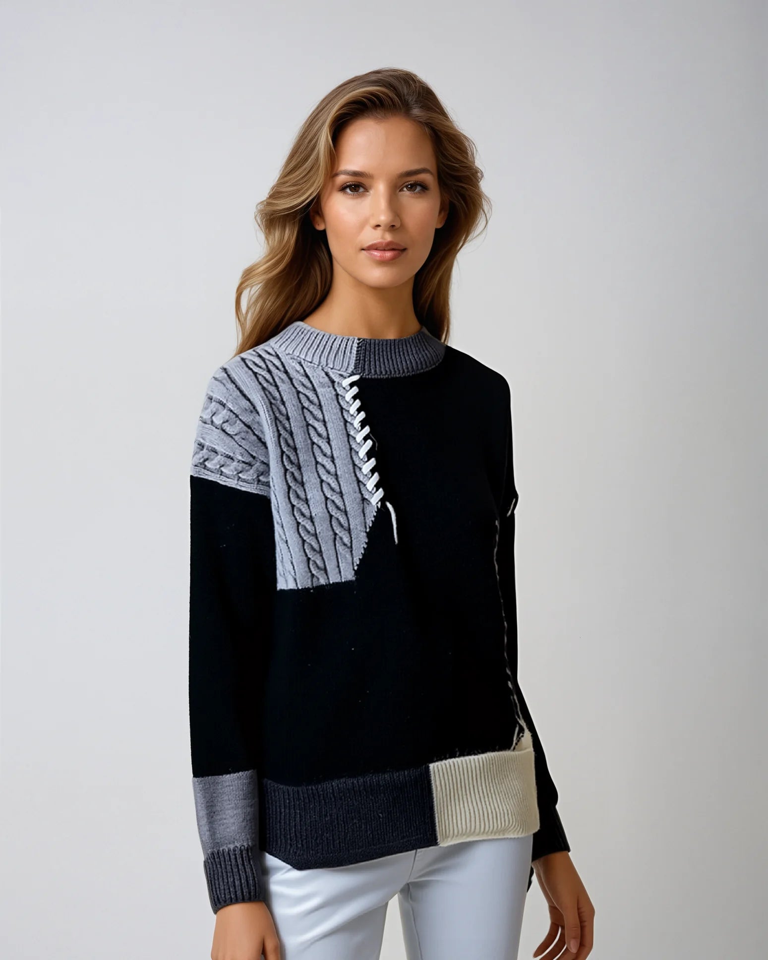 Warme patchwork pullover voor dames