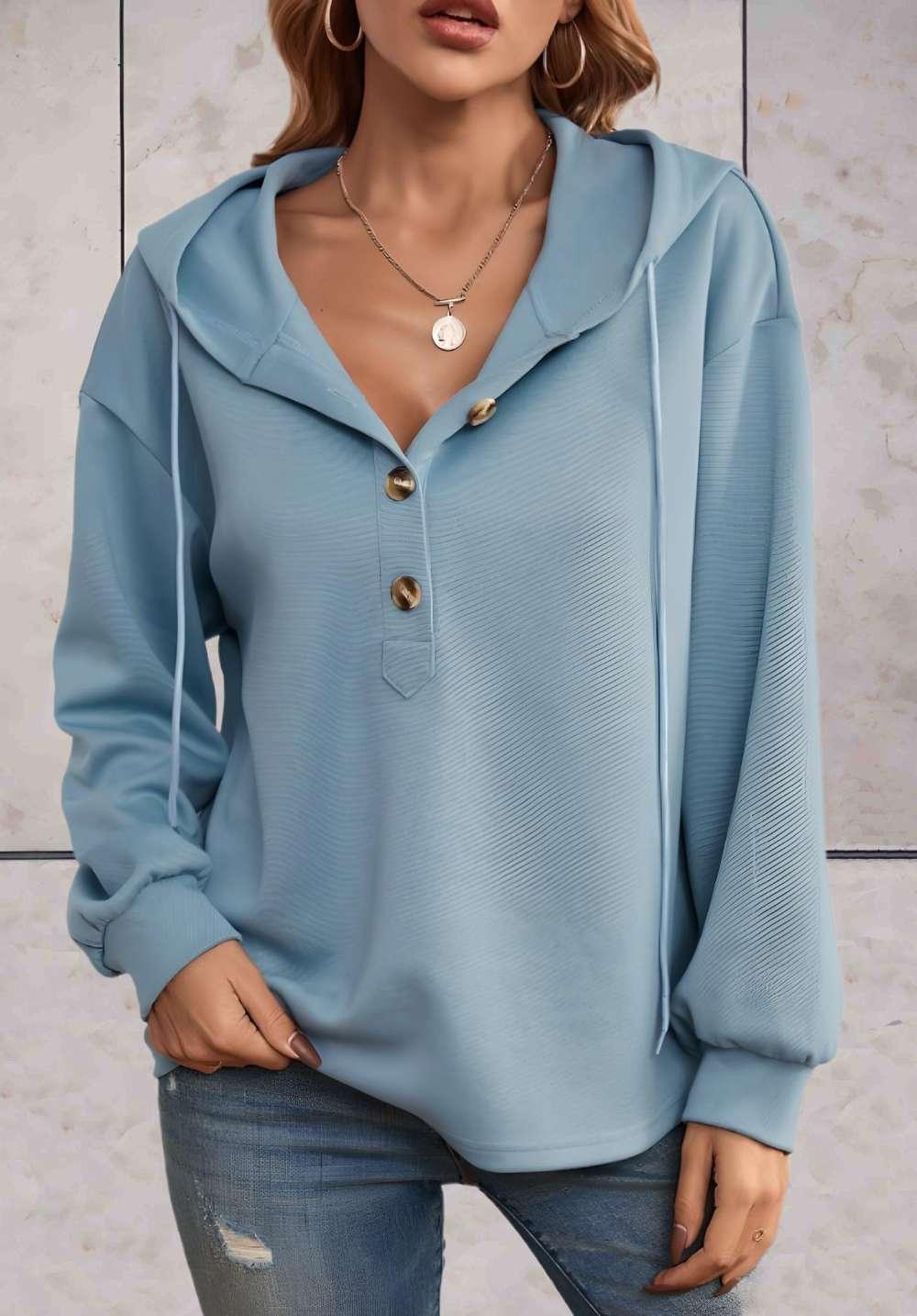 Jayla - Lange effen hoodie met knoopmotieven aan de voorkant - Sky-Sense