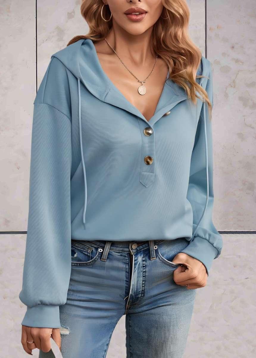 Jayla - Lange effen hoodie met knoopmotieven aan de voorkant - Sky-Sense