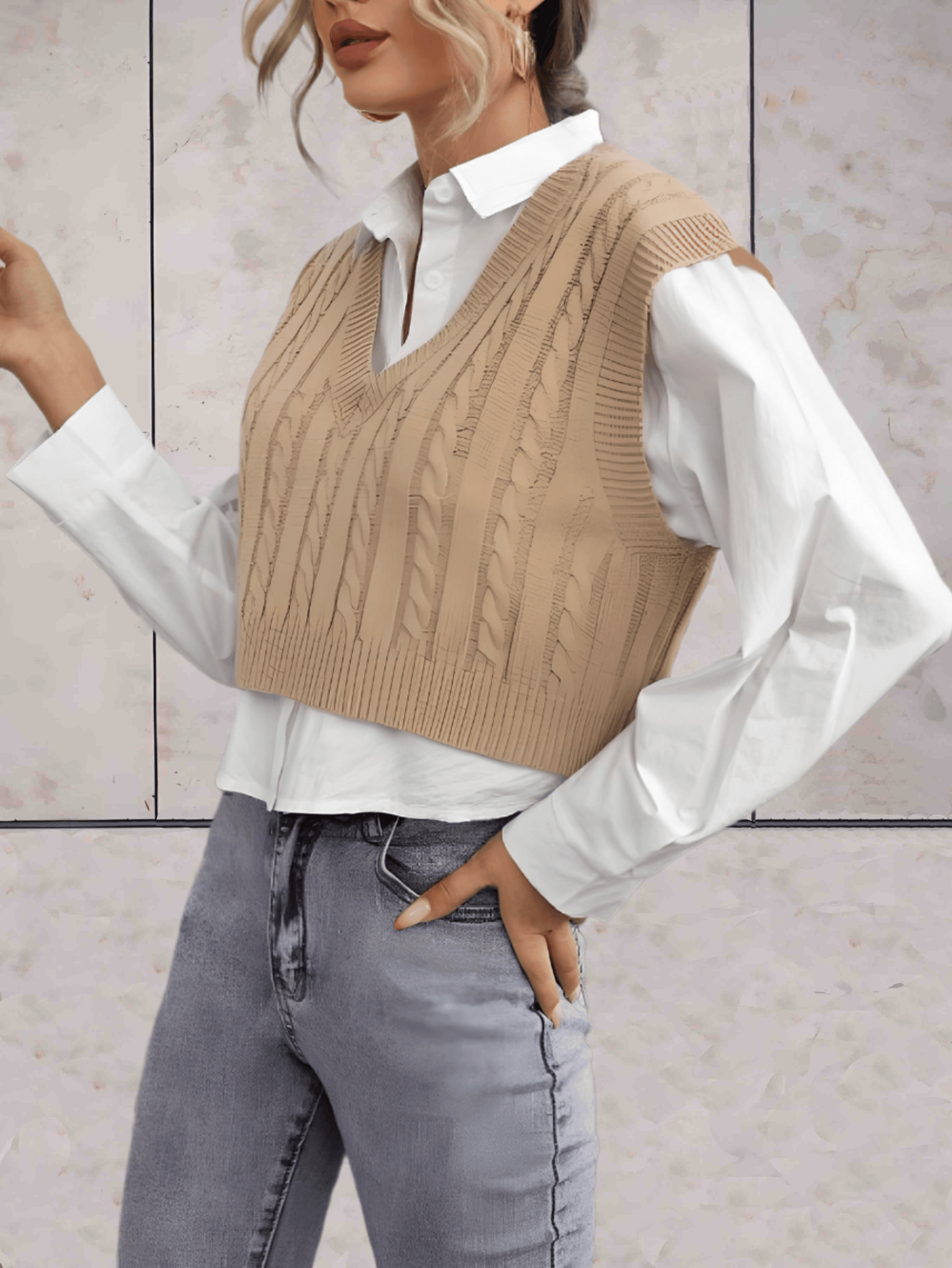 Sassy - stijlvolle tweedelige trui met effen witte binnenkant met lange mouwen en een gebreid vest met korte mouwen - Sky-Sense