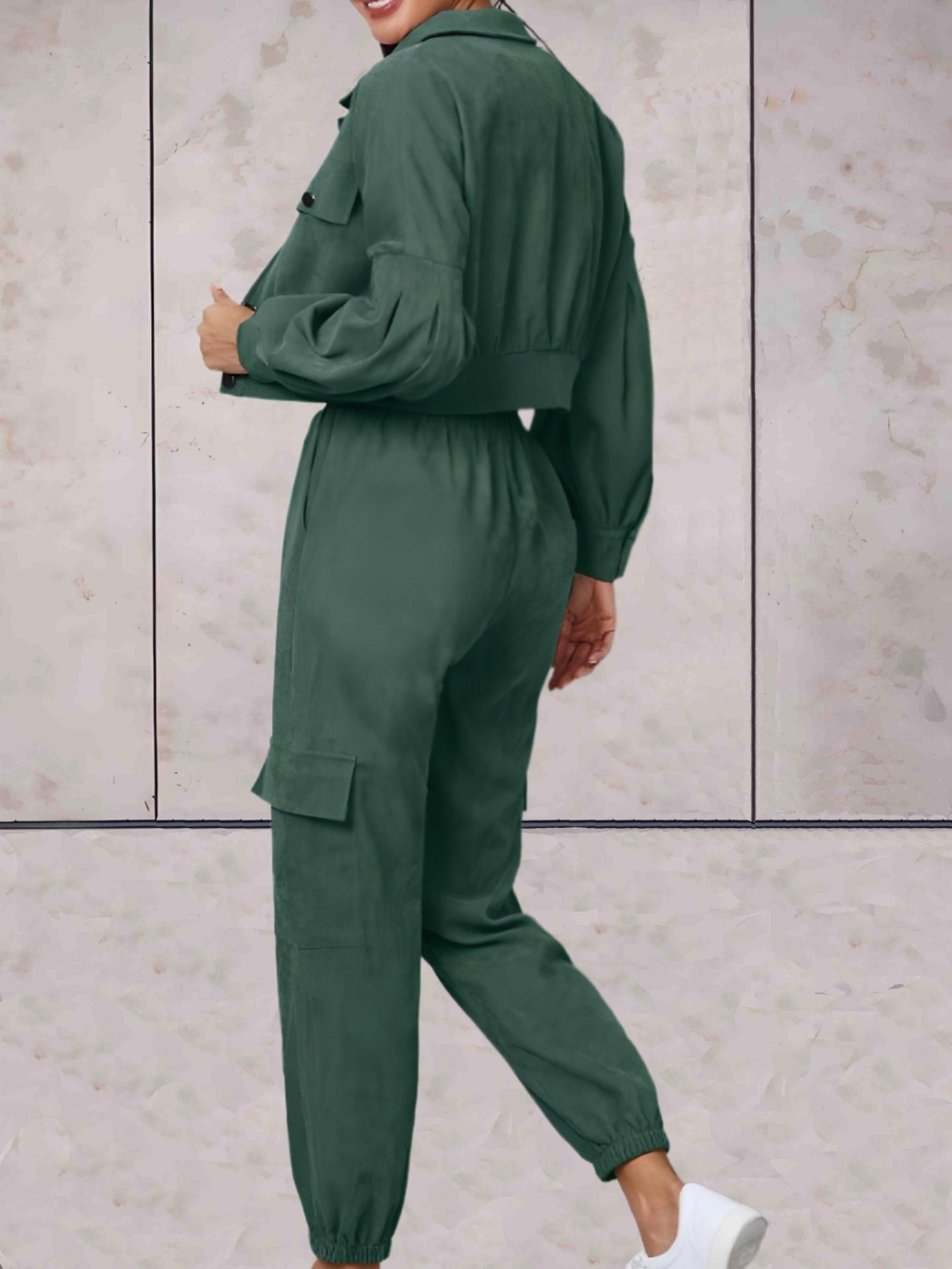 Reina - stijlvolle comfortabele set van broek en jas, heeft overal zakken, verstelbare knoop op de heupen en kousenband onderaan - Sky-Sense