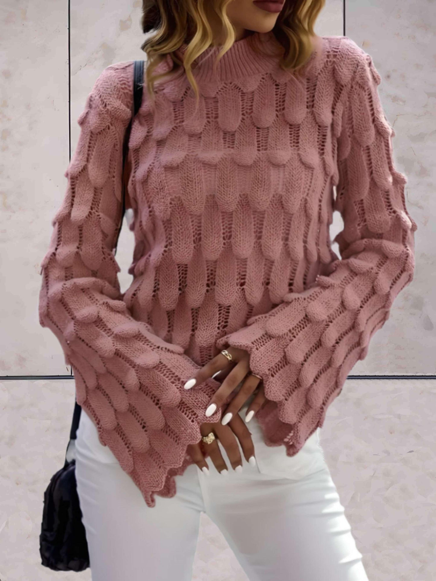 Charlotte - Roze trui met ronde hals wijde mouwen en patroonontwerp - Sky-Sense