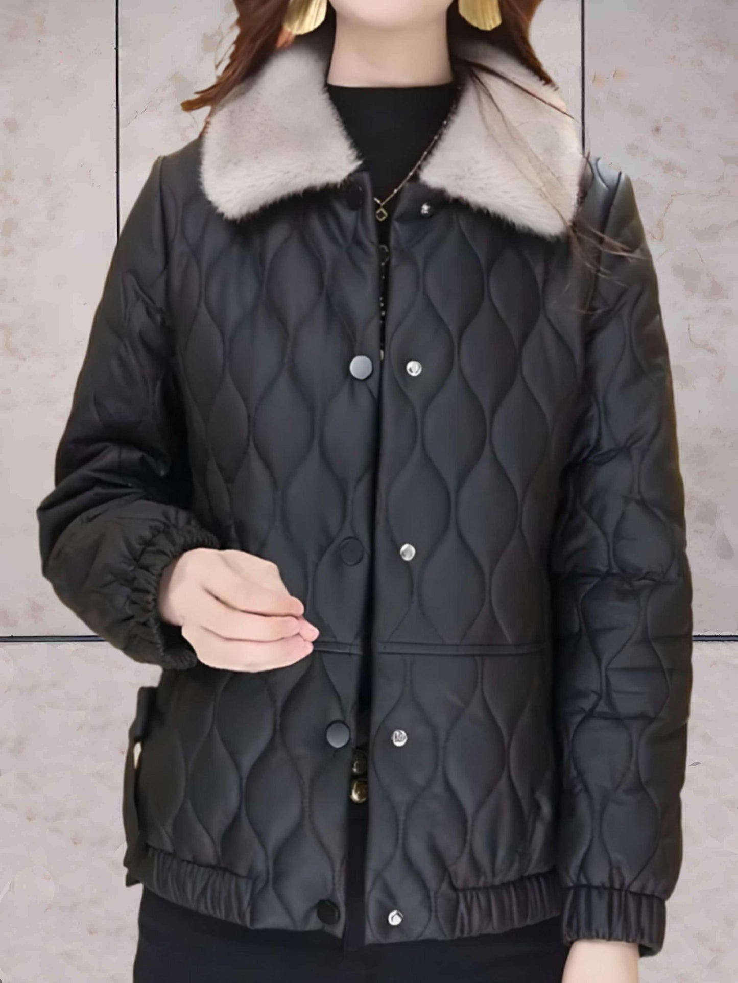 Violet - warme, gewatteerde jas met harige polokraag en knoopsluiting - Sky-Sense