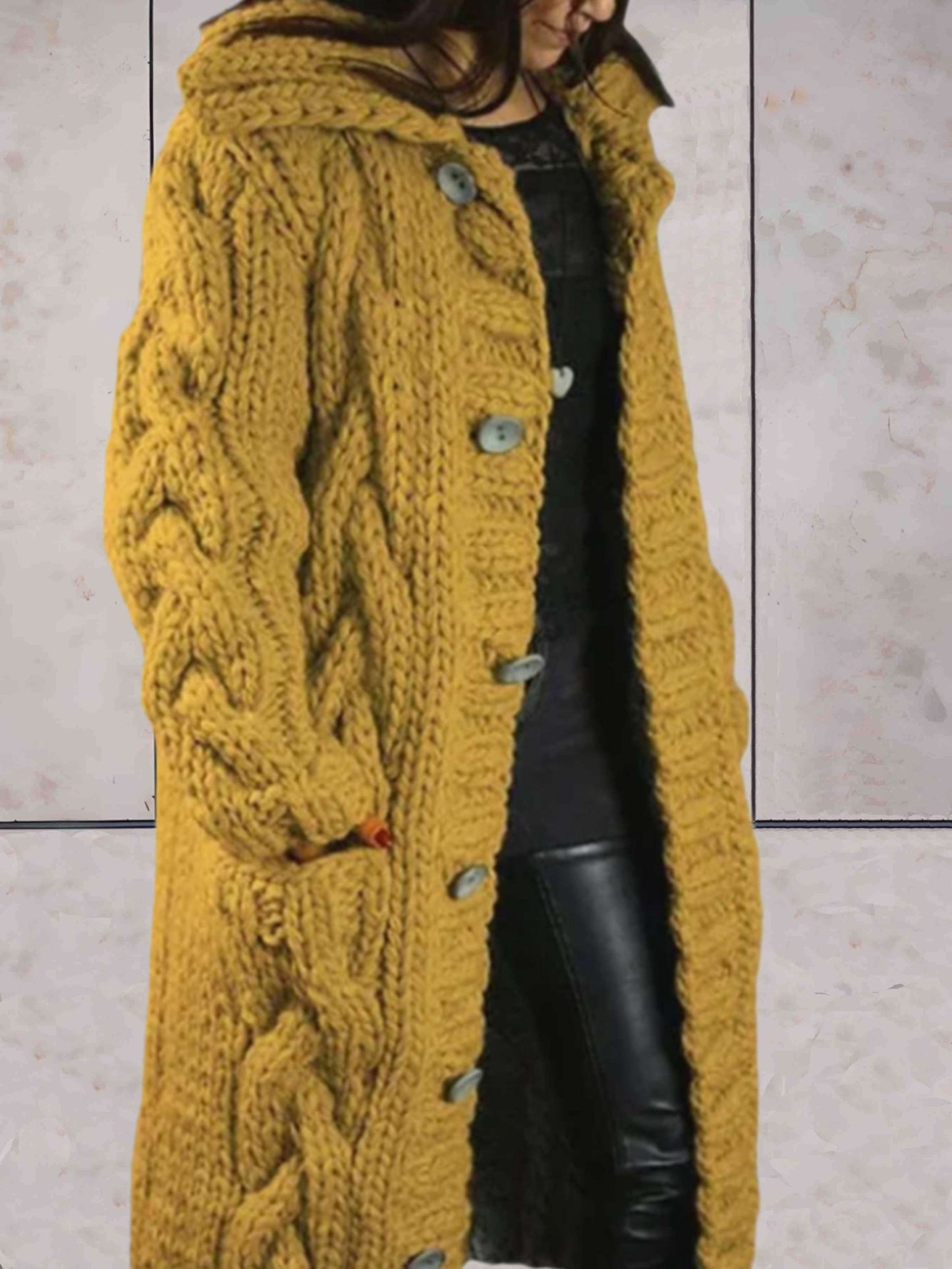 Janice - Casual oversized gebreide lange jas met capuchon, zakken en knoopsluiting