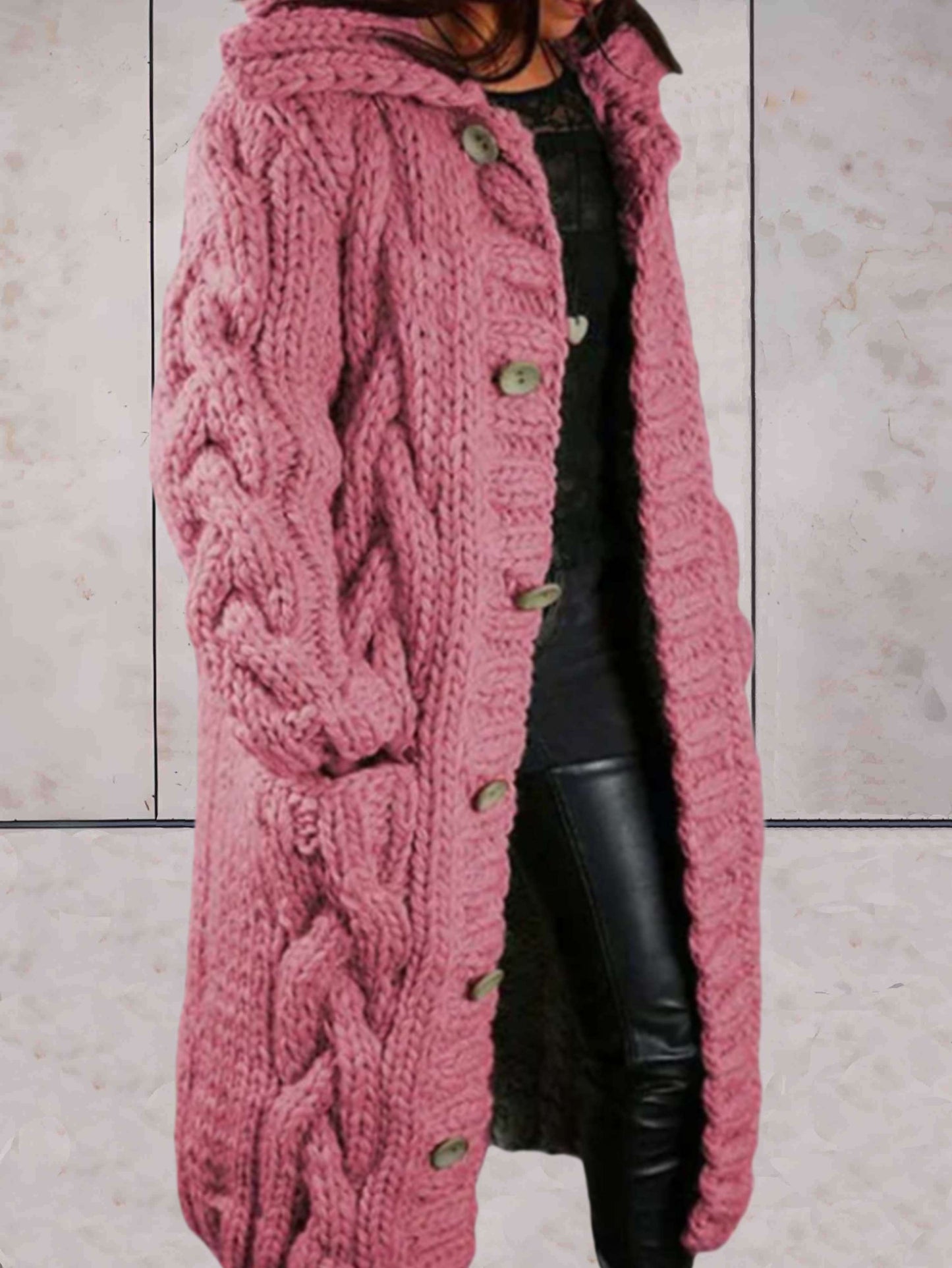 Janice - Casual oversized gebreide lange jas met capuchon, zakken en knoopsluiting