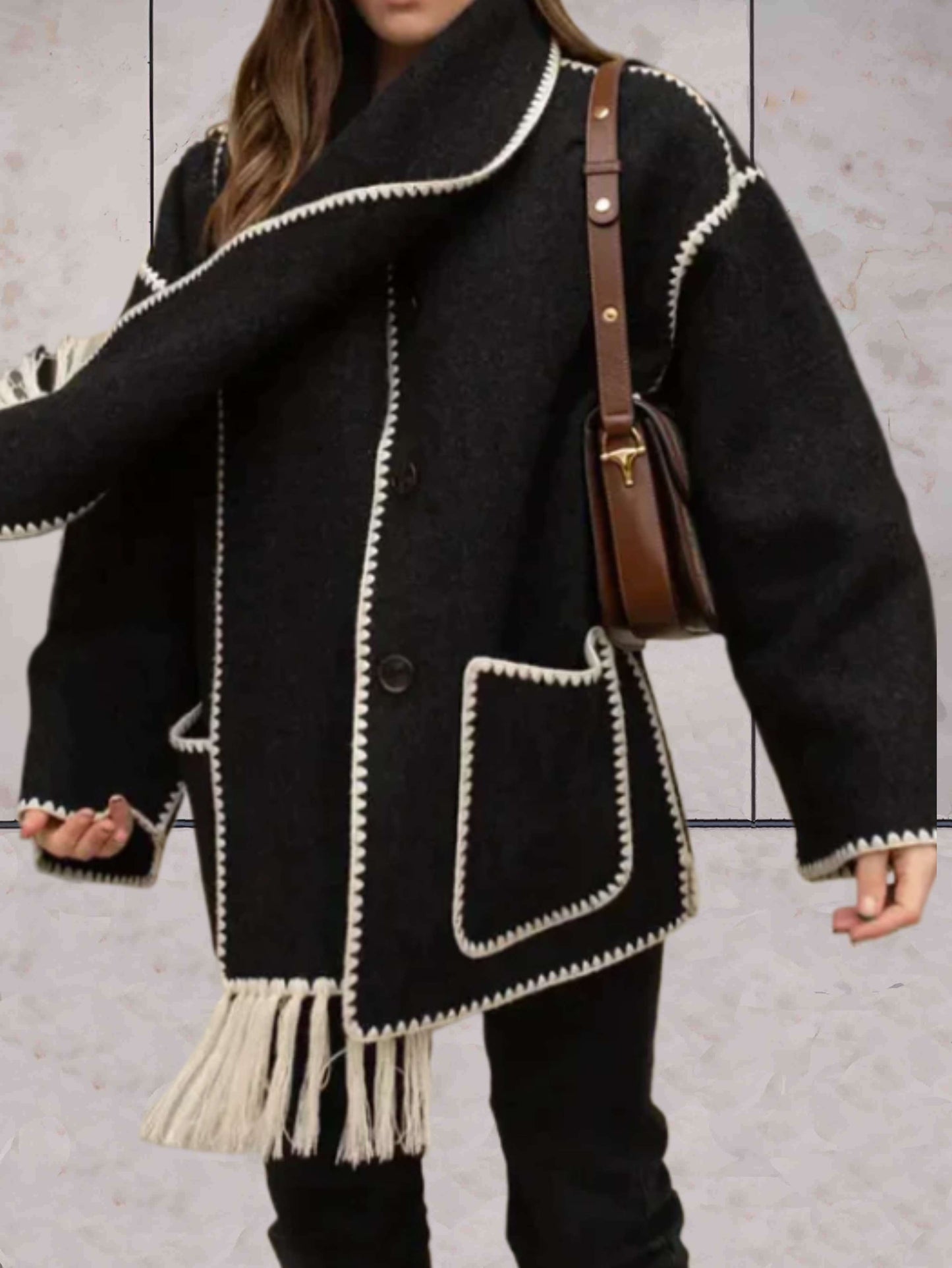 Leslie - elegante oversized jas met sjaal, losse zakken en knoopsluiting