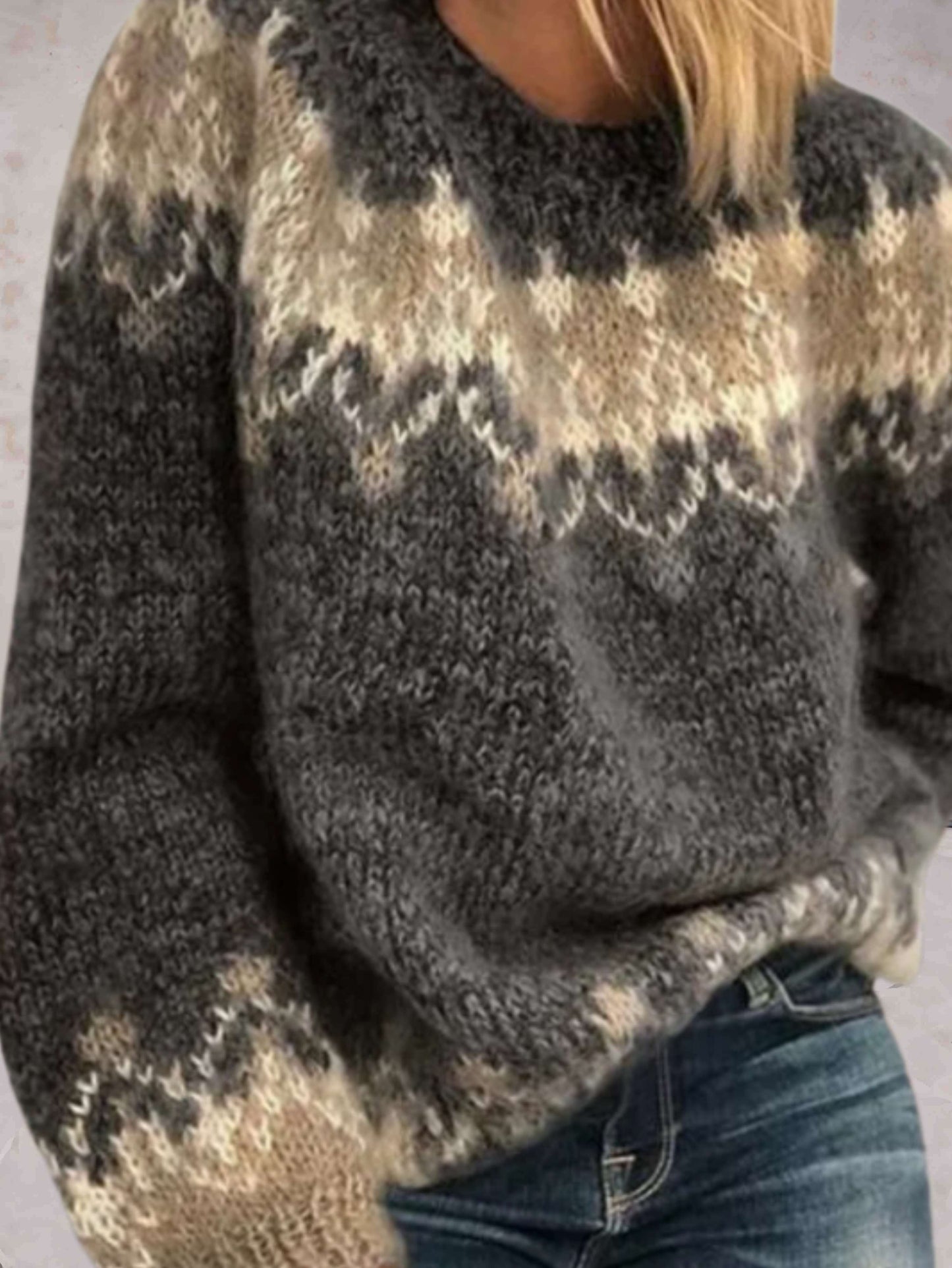 Julia - eenvoudige driekleurige oversized gebreide trui met een ronde hals en geribde boorden